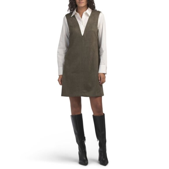 ANNE KLEIN Olive/White Leighton Twofer Swing Mini Dress - Picture 1 of 2